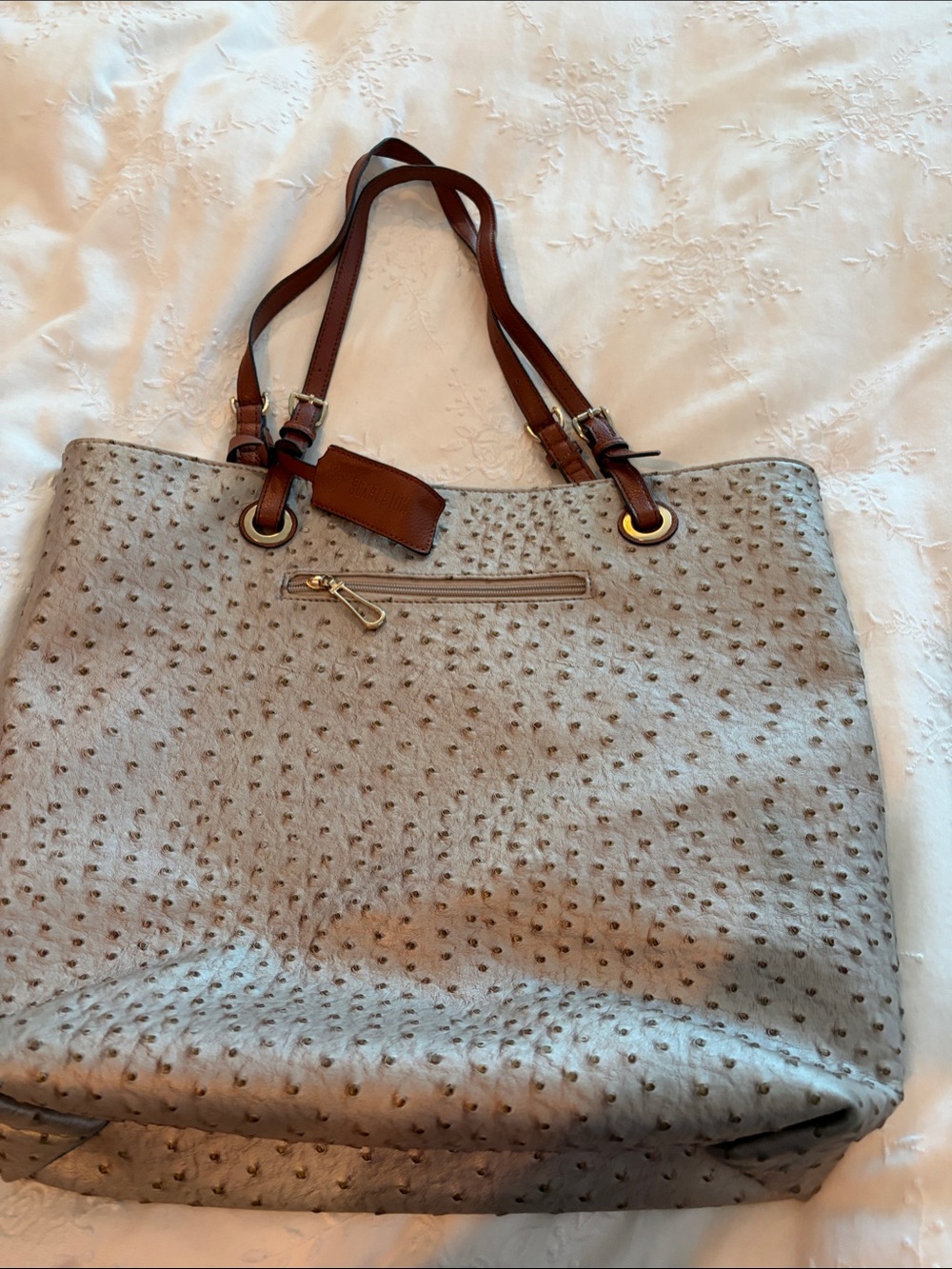 Taupe Textured Tote with Brown Leather Handles